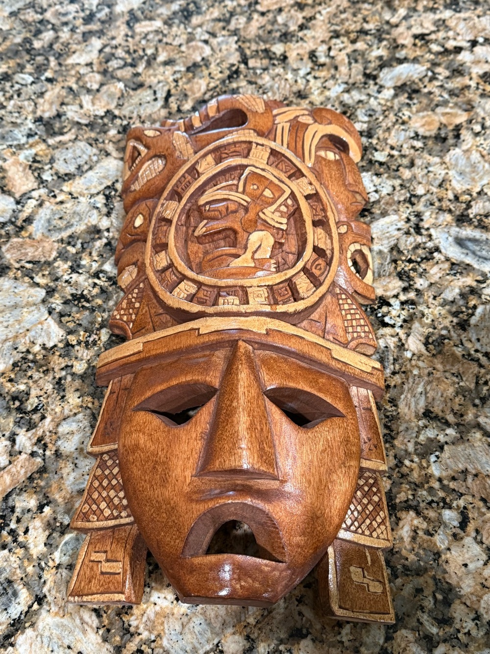Vintage Mexican Hand Carved Wood Mask Aztec Mayan Warrior Calendar Wall Art 16"